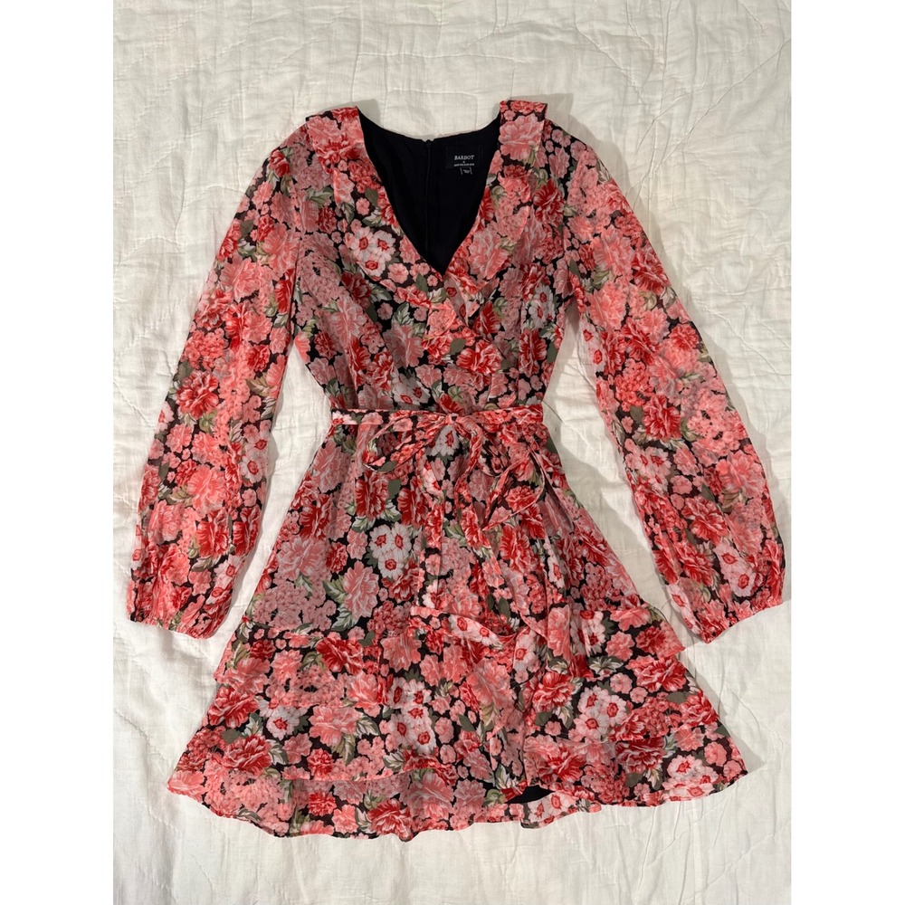 Bardot Floral Print Triple Frill Wrap Mini Dress Pink Gardenia Long Sleeve Sz 6